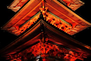 <p>Brilliant vermilion pagoda at night</p>