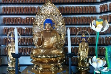 Peaking inside the gate of the temple that houses Daikokuten. Come for the lucky gods, but do enjoy all the Buddhist art on your journey.&nbsp;