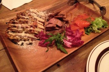<p>Foie-gras omelette, chicken liver and salmon sashimi plate</p>