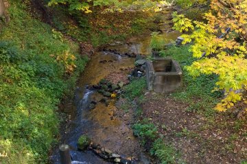 <p>A creek flows between the two sections of the hotel.</p>
