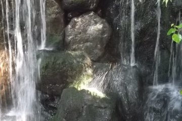 <p>The waterfall in the trees at the rear of the garden</p>
