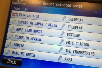 <p>From the "History" button, you can review recent song selections</p>