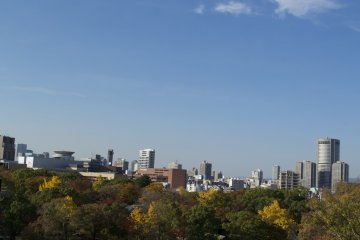 <p>Osaka's skyscrapers just behind the green park</p>