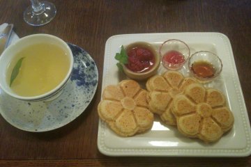 <p>Molded pancakes, served with rose jam, strawberry jam and honey syrup</p>