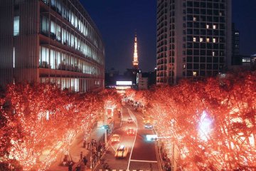 <p>Terlihat Tokyo Tower di latar belakang. Setiap satu jam sekali selama 10 menit lampu akan berganti warna merah.</p>