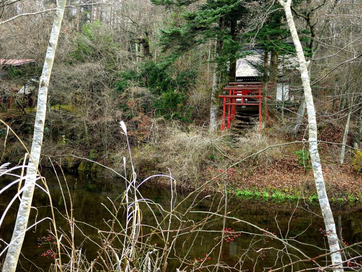 <p>A small shrine stands on the banks of Deguchi-ike</p>