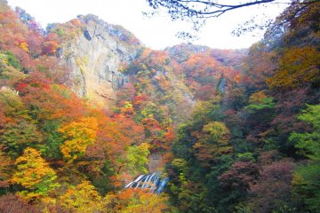 The golden hills of Daigo surrounding Fukuroda Falls in autumn