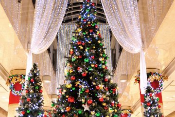 <p>Pohon Natal raksasa dengan dihiasi tirai dan cahaya lembut</p>