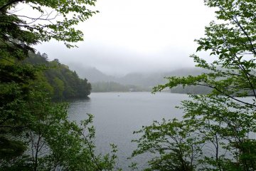 The lake shown between the trees changes faces as you move along. 
