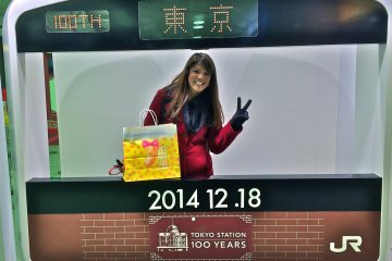 <p>Photo opp at the makeshift JR train decorated in the famous red-brick design</p>