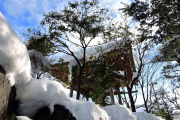 <p>Snow-covered belfry under the blue sky</p>