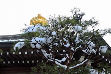 <p>Golden ornament shining on top of the mausoleum roof with snow-covered pine tree in the foreground</p>