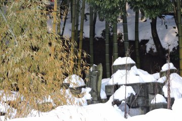 <p>Broken jizo cemetery half buried in snow viewed from the street</p>