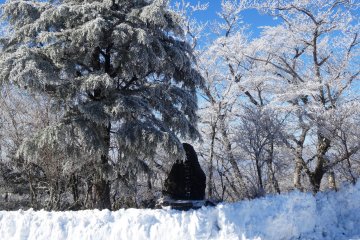 <p>A monument for Mt Gomadan sticks out of the snow</p>