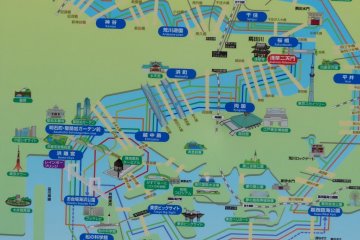 A sign showing the various water bus routes through the city