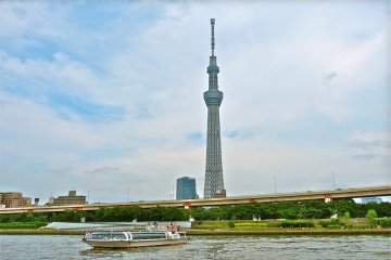 One of the Water Buses, in front of Tokyo Sky Tree.