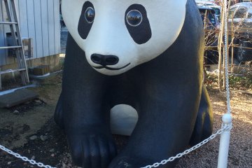 <p>A panda in front of a bakery. Makio Yajima is an artist who specializes in styrofoam art. Her work can be found all around Penny Candy Alley. Try to spot them as you walk around!</p>