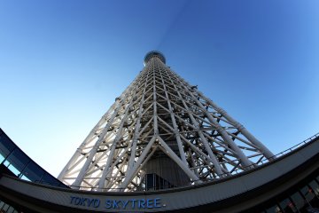 <p>Very close-up photo of the Skytree tower seen from near the entrance of the mall and looking straight up.&nbsp;</p>