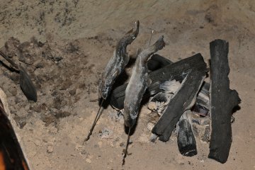 <p>The hostess of the traditional inn told me a story while grilling fish over the charcoal fire in the irori fireplace</p>