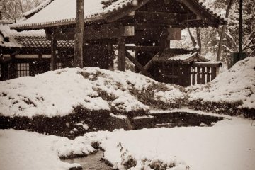 One of the gates to the museum as seen from inside a property at the Edo Tokyo Museum
