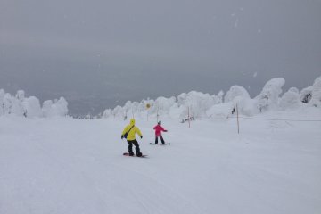 <p>Snow boarders have a grand time.</p>
