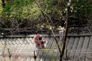 Wanita berkimono menaiki tangga 