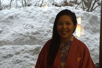 <p>Girls, you get to wear a pink and purple yukata (a traditional light Japanese dress); this got me very excited. Also, please have a look at the snow pile, which was taller&nbsp;than my friend.</p>