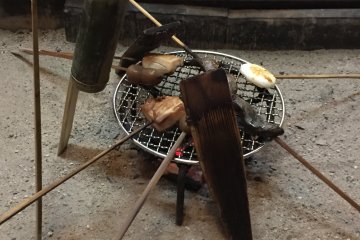 <p>This is what you will be grilling: chicken, rice cake, fish, miso and veggies.</p>