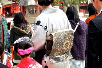 <p>Mother and daughter wearing beautiful kimonos visiting the shrine with the rest of their family</p>
