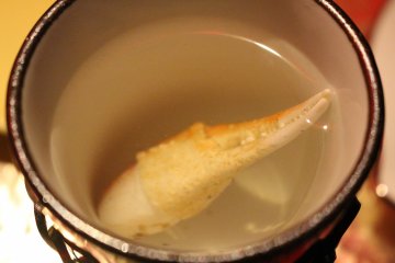 <p>Crab sake with an edible crab claw inside</p>