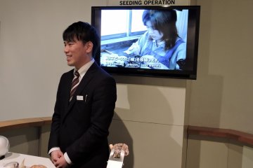 <p>Friendly assistant stands next to an audio-visual of the culturing process</p>