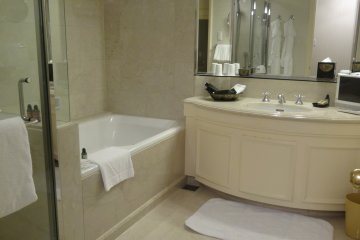 <p>The bathrooms are large and come with a range of L'Occitane bath products</p>