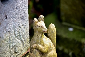 <p>Small fox statue at the Fox Shrine standing on the grounds of Kurotatsu Shrine</p>