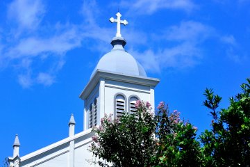 <p>The white church makes a striking contrast with the blue sky above. The crepe myrtle flowers in front add color to the whole scene.</p>