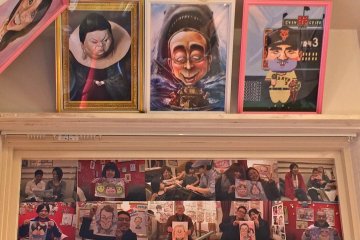 <p>A few caricatures of famous people from Japan and visitors with their portraits</p>
