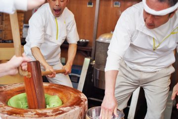 The experts pummel away at the mochi with unbelievable speed and accuracy.