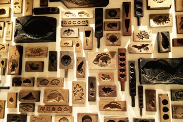A display of the wooden Wagashi moulds.