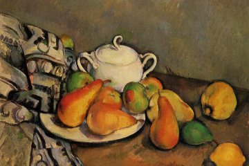 <p>Paul C&eacute;zanne, "Sugar Bowl, Pears, and Tablecloth", 1893-1894</p>