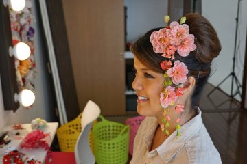 <p>The final hair-do and the beautiful handmade "Kanzashi" hair ornament</p>