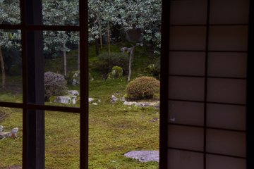 <p>Can you see the main stone (Honzon Ishi) set in the back of the garden? This garden was so designed that the alcove posts in the room, prayer stones and the main stone in the garden are set in the straight line.</p>