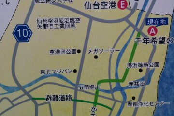 <p>A map of the area: "A" is your current location, while "E" is the nearby Sendai&nbsp;Airport&nbsp;</p>