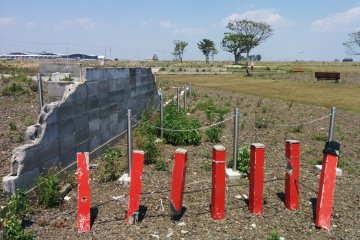 <p>A concrete foundation of a house and small red pillars which once led to a small shrine</p>