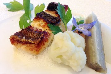 Sea Bass with gobo and cauliflower on a creamy potato foam base, topped with blue flowers. The gobo had a complex interplay of tastes from sweet to savoury and bitter.