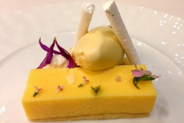 Teshima lemon tart with Akashi tree, a yuba like ice cream on a bed of lightly pickled slices of lemon.