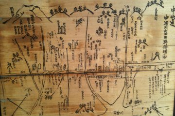 Wooden maps showing the old city line the Nakasendo in Nakatsugawa.