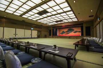 <p>The main banquet hall in Chotokan. The large audience here will enjoy a traditional performance while partaking in dinner proceedings.</p>
