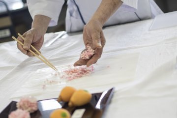 <p>The result of pressing the dough through the sieve - the pieces that are used to create the 'Ajisai', Wisteria.</p>