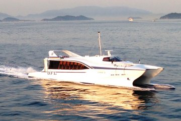Takamatsu is a paradise for ferry spotters, including this catamaran from another island that looks like it just came from a James Bond movie.