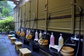 Showers at most onsens are equipped with soap, shampoo, a stool, and a bucket