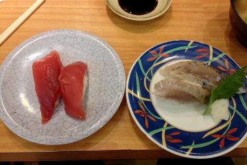 <p>Maguro and (too salty for me) aburi shio saba</p>